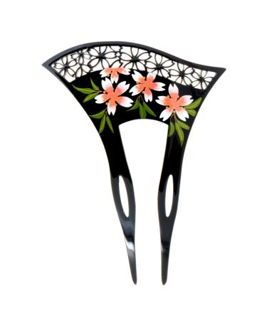 YOY Fashion Hair Decor Japanese Traditional Style Hair Comb Pins Picks Pics Forks for Women Girls Hair Accessory Two Prong with Floral and Hollow Out Flower  Black
