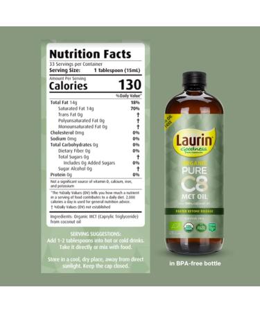 Laurin Pure C8 MCT Oil 500ml | High 99%+ Purity | Certified by Top Organizations | Coconut Based for Keto & Fasting | Non-GMO Vegan & Gluten Free - Buy Online on GoSupps.com