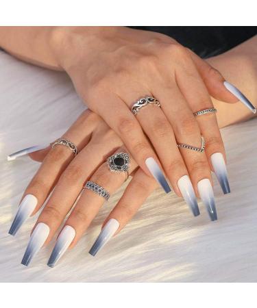 Shop Bohen Long Coffin False Nails - Glossy Gray Ballerina Press-On Nails for Women & Girls | 24 PCS Geometric Design - Buy Online on GoSupps.com