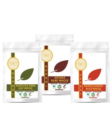 Pride Of India | Ayurvedic Healing Pack 15.06 oz (426.94 gm) | Includes Arjuna Bark Whole Ashwagandha Root Whole & Neem/Margosa Herb Whole | Perfect for Green Juices Smoothies | Fosters Wellness