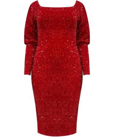 Hanxiulin Women's Winter Cocktail Dress - Sequin Midi Ball Dress in Red - Elegant Leisure Outfits - Plus Size XXL - Buy Online on GoSupps.com