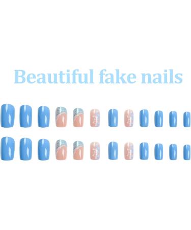 OKAQEE Almond Solid Blue Gold Fake Nails - Short Square False Nails with Glue - Buy Online on GoSupps.com