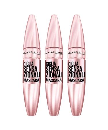 3 x Maybelline New York Ciglia Sensationnelles Very Black Volumizing Mascara Fan Effect Clump-Free - Pack of 3 Mascara