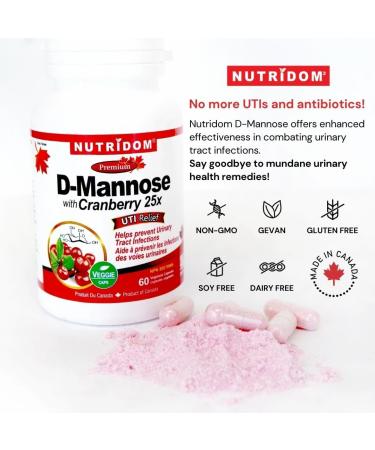 Nutridom D-Mannose 500mg with Cranberry 25x 200mg (5 000mg QCE) UTIs Relief Helps Prevent Urinary Tract Infections Non-GMO Vegan Gluten Free (60 Veggie Capsules) - Buy Online on GoSupps.com