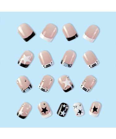 French Tip Press on Nails - Short Square Black & White Star Rhinestones | Reusable Glossy Full Cover Artificial Nails for Women - Buy Online on GoSupps.com