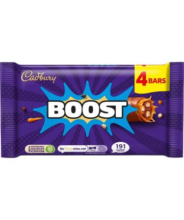 Cadbury Cadbury Boost Original Pack of 4 chocolate bars filled with biscuits and cocoa with chewy caramel and Cadbury milk chocolate 37g
