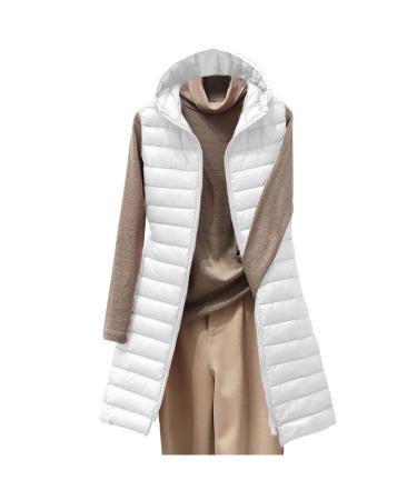 Yihaojia Womens Sleeveless Quilted Long Puffer Vest Hooded Full Zip Jacket Coats with Pockets White#24 X-Large