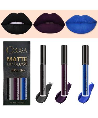 Coosa 3PCS Matte 24-hour Liquid Lipstick Non-stick Cup Kitt, Matte Dark Waterproof Lipstick Lip Stain Long Lasting Smudge Lip Gloss Gift Set Matt Lipsticks Set Matt Liquid Women Makeup Set 2. 3 Colors Matte Purplish BlueSet