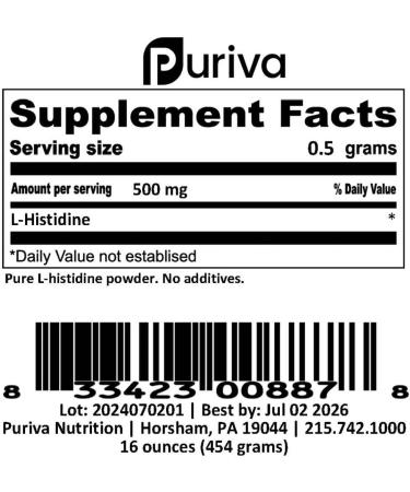 L-Histidine Powder 1 Pound by Puriva Nutrition - Buy Online on GoSupps.com