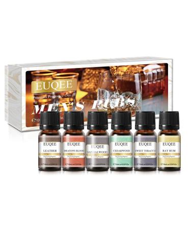 EUQEE 6PCS Fragrance Oils for Men, Men's Pubs Gift Set Premium Grade Fragrance Oils -10ml-Leather, Sweet Tobacco, Dragons Blood, Sandalwood, Bay Rum, Cedarwood (Men's Pubs)