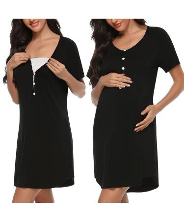 Sykooria Women's Maternity Nightdress Breastfeeding Nightwear Short Sleeve Nursing Nightgown Button Down Sleep Shirt V Neck Pajama Tops Soft Loungwear For Pregnant Women A - Black S
