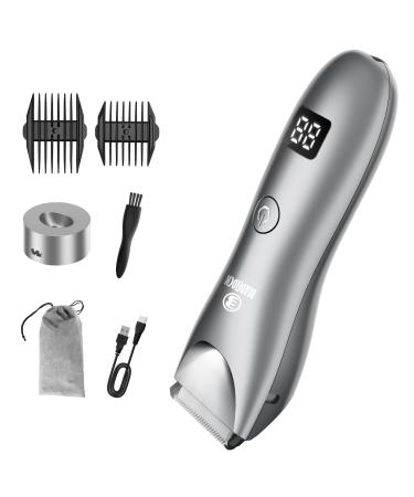 Favrison Body Hair Trimmer for Men Electric Hair Clippers Ball Trimmer with Ceramic Blade Waterproof Pubic Groin Hair Trimmer Grooming Kit with LCD Display & Recharge Dock (Gray)