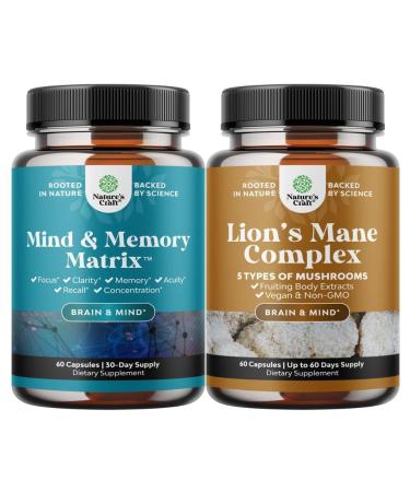 Bundle of Nootropic Brain Supplement for Mental Health & Clarity with VIT A B6 Riboflavin Niacin Thiamin Folate and Advanced Lion's Mane Mushroom Supplement - Brain Health Memory Support & Focus