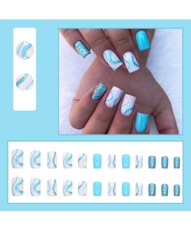 Justotry Blue Angular Press-On Nails | 24-Piece Glitter Short Square Fingernails with Glue for Women - Buy Online on GoSupps.com