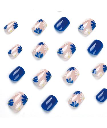24pcs Short Blue Stick on Floral False Nails | Removable Glue-on Fake Nails - Nail Art Accessories for Women and Girls - Buy Online on GoSupps.com