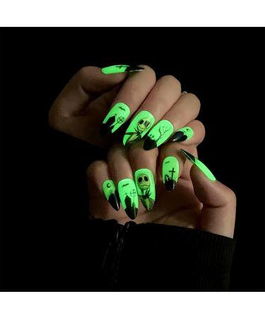 24PCS Halloween Fake Nails Green French False Nails Long - Halloween Square False Nails with Glue Press on Nails - Fake Nails for Women Girls Suitable for Halloween Party(Green Light Black French)