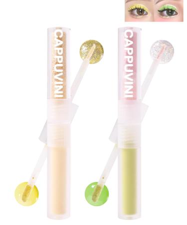 Liquid Glitter Matte Eyeshadow Set-2Pcs Yellow Green 2 in 1 High Pigmented Velvet Creme Eyeshadow & Glitter Eyeliner Long Lasting Quick-Drying Korean Shimmer Matte Eye Shadow Makeup for Women-03+04 #03+#04