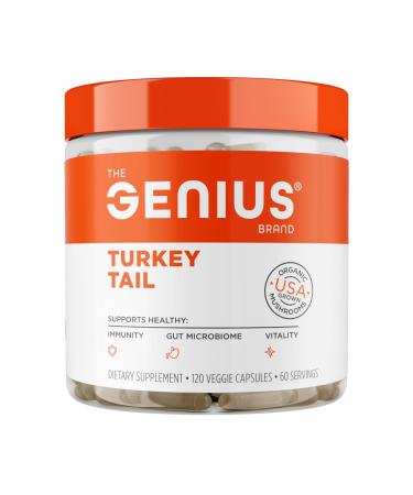 The Genius Brand Genius Turkey Tail - Plant-Based Supplement for Immune, Gut & Antioxidant Support - Organic & Non-GMO - 120 Veggie Capsules 120 Count (Pack of 1)