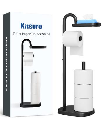 Kitsure Toilet Paper Holder Stand - Free-Standing Toilet Paper Holder with a Weighted Base, Durable & Rustless Toilet Paper Holder with Shelf and Storage Design, Black