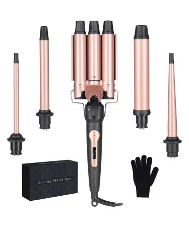 5 In 1 Curling Wand Set-Hair Waver Curling Iron 3 Barrel Triple Crimper Tool Beach Waves with 3/4-1 1/4 inch 5 Interchangeable Barrels Hair Curler for Women Hairstyles(Rose Gold)