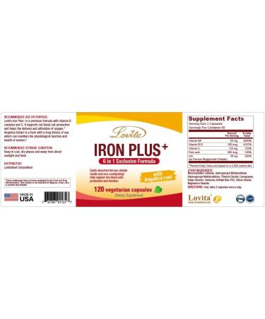 Lovita Iron 18mg 6-in-1 Supplement for Women - Vegan Iron with Vitamin C, Dong Quai & B12 - Supports Red Blood Cell Production - 120 Capsules - Buy Online on GoSupps.com