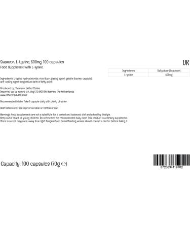 Swanson L-Lysine 500mg 100 Capsules - High Dose, Lab-Tested, Soy-Free, Gluten-Free, Non-GMO - Buy Online on GoSupps.com