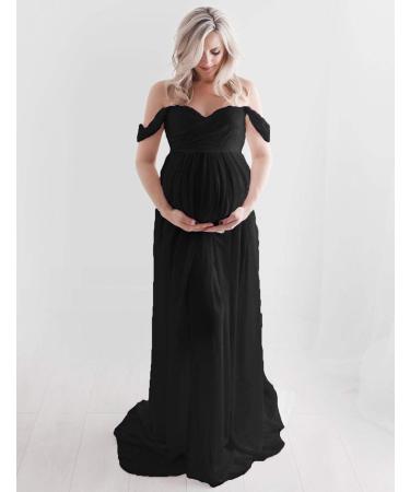 FEOYA Maxi Maternity Dress - Chiffon Lace Strapless Gown for Pregnant Women - Black - Perfect for Photography - Full Length with Split Front - Buy Online on GoSupps.com