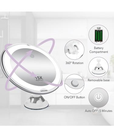 WISHWIND 15X Magnifying Vanity Mirror with Lights | Large 8 Inch Portable Makeup Mirror | Touch Sensor, 3 Color Modes, Dimmable Light | Locking Suction Cup | Bathroom Magnifying Mirror - Buy Online on GoSupps.com