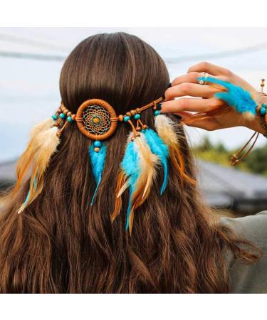 Uranian Boho Feather Headbands Dream Catcher Hair Band Hippie Gypsy Headwear Handmade Rope Headdress Tassel Headpieces for Masquerade Costume Hair Accessories for Women and Girls (2*Blue)