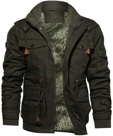 Hanxiulin Men's Fleece Plush Jacket - Warm Oversized Zippered Winter Coat with Hood | Perfect for Hiking & Cold Weather Army Green - Buy Online on GoSupps.com