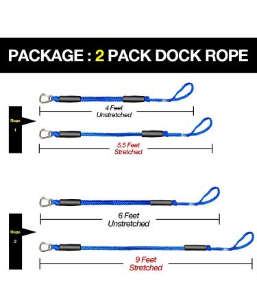 Bungee Dock Line Set with Stainless Steel Clip - 4FT&6FT Blue | For Boats, PWC, Kayak, Jet Ski, Pontoon, Canoe & Power Boat - Buy Online on GoSupps.com