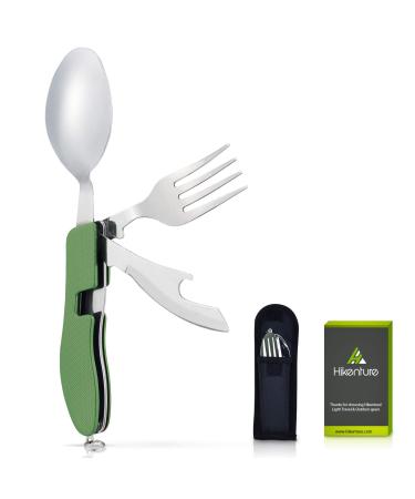 Hikenture Camping Utensils with Case 4-in-1 Stainless Steel Fork Knife Spoon Bottle Opener Set Travel Eating Cutlery Scout Hobo Multitool Hiking(Army Green)