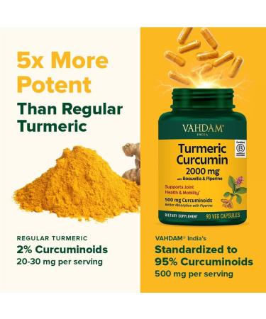 VAHDAM Turmeric Curcumin Supplement 2000mg (500mg Curcuminoids) with Boswellia & Piperine for Fast Absorption | Supports Joint Health and Mobility | 90 Capsules - Buy Online on GoSupps.com