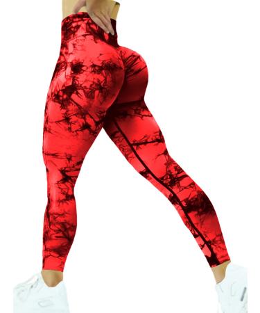 SENBAN Scrunch Butt Lift Leggings for Women High Waist Seamless Yoga Pants Workout Gym Compression Tights A Tie Dye Red Medium Long
