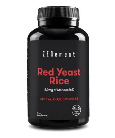 Red Yeast Rice 540 Vegan Tablets with CoQ10 and Vitamin B3 | Cholesterol Lowering Supplement | Highest Concentration of Monacolin K | Zenement