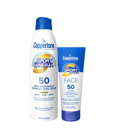 Coppertone SPORT Sunscreen Spray SPF 50 + Zinc Oxide Mineral Face Sunscreen SPF 50 Water Resistant Sunscreen Pack (5 Oz Spray + 2.5 Fl Oz Tube)