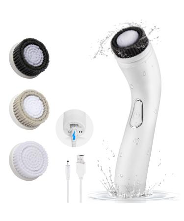 KINGDO Facial Cleansing Spin Brush  Exfoliating Face Scrubber for Cleaning  USB Rechargeable Face Cleaner Brush for Men & Women  IPX7 Waterproof Face Cleansing Brush with 3 Brush Heads  White