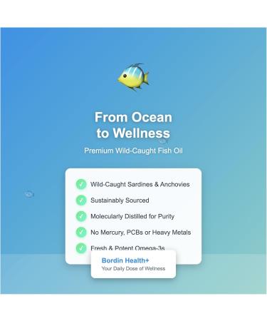 Bordin Health Premium Omega-3 Triple Strength Fish Oil 1000mg - Premium Grade Grade EPA 180mg DHA 120mg - Wild-Caught Deep Sea Fish - Molecularly Distilled Burpless - 100 Softgels - Made in USA - Buy Online on GoSupps.com
