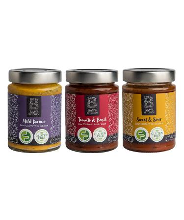 Bay's Kitchen Award-Winning Stir-in Cooking Sauces Selection of 3 Sauces - Tomato & Basil Pasta Sauce Mild Korma Curry Sauce and Sweet & Sour Chinese Sauce Gluten-Free Dairy-Free and Low Fodmap