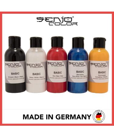 Senjo Color Basic Brush & Airbrush Bodypainting Colors Set - 5 x 75ml for Face & Body - Black White Red Yellow Blue in Suitcase - Buy Online on GoSupps.com