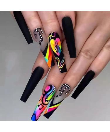 GORS Long Black Press on Nails Colorful Coffin Fake Nails with Designs Full Cover False Nails with Graffiti Musical Note Designs Glossy Stick on Nails Acrylic Artificial Glue on Nails for Women Girls