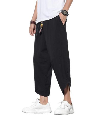DOSLAVIDA Men's Casual Elastic Waist Linen Capri Pants Wide Leg Harem Yoga Trousers - Solid Black, Medium - Buy Online on GoSupps.com