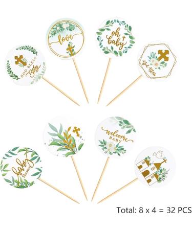 Daimay 32PCS Baby Shower Cupcake Toppers Greenery Baptism Cupcake Picks Floral Leaves God Bless Cross Cupcake Picks Gender Reveal Cake Topper Woodland Jungle Safari Theme Cupcakes Decor - Buy Online on GoSupps.com