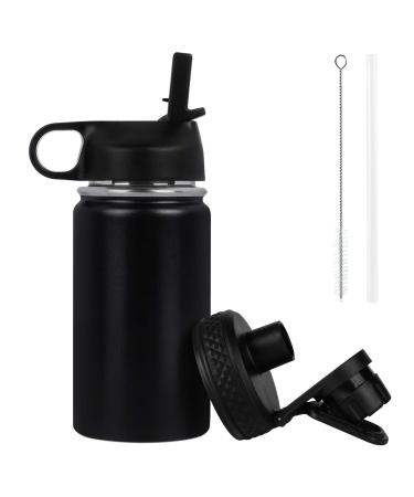 GINGPROUS 12 oz Insulated Water Bottle for Kids with 1 Straw 2 Lids (Straw Lid+Spout Lid) Metal Water Bottle Stainless Steel Double Wall Kid Tumbler Water Bottle for Kid Outdoor Activities  Black Black 12 oz
