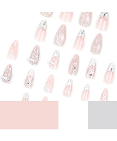 24 Pcs French Tip Press on Nails - Acrylic Medium Fake Nails with 3D Bow & Heart Charms | Stiletto & Almond Shape - Full Cover & Reusable for Women & Girls - Buy Online on GoSupps.com