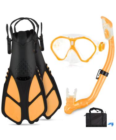 Qoqooice Kids Snorkel Set Mask Fin Snorkeling Set, Panoramic Snorkel Mask + Dry Top Snorkel + Adjustable Swim Flippers + Snorkel Gear Bag, Suitable for Ages 5-12 Orange