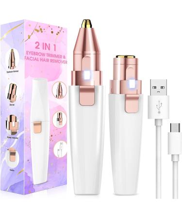 Vinmall Facial Hair Remover for Women, 2 in 1 Rechargeable Eyebrow Trimmer & Face Hair Remover for Women with LED Light - Electric Hair Trimmer for Women Face & Body Small