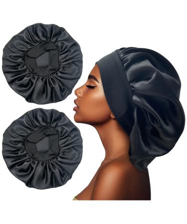 Silk Shower Caps - Satin Bonnet for Sleeping  Hair Bonnet for Curly Hair  Jumbo Bonnet & More - Large Bonnets for Black Women & Men - Silk Caps for Women to Protect Hair(2pc  Black)