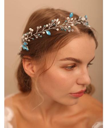 Deniferymakeup Women Pearl Wreath Light Blue Crystal Hair Vine Rhinestone Wedding Hair Accessory Gift for Her Party Headpiece for Bride Bridesmaid Girls - Buy Online on GoSupps.com