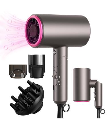 Ionic Hair Dryer - LARMHOI 1800W Professional Negative Ions Hair Blow Dryer with 3 Heating/2 Speed/Cold Settings, 2 Nozzles and 1 Diffuser, Foldable Blow Dryer for Home, Travel, Salon Use 1800W Gray
